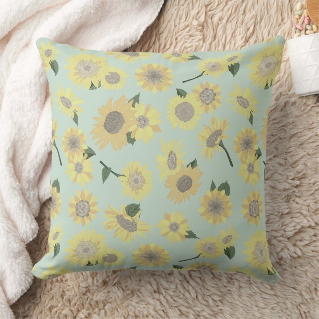 Whimsical Yellow Orange Blue Sunflower Throw Pillow (Blanket)