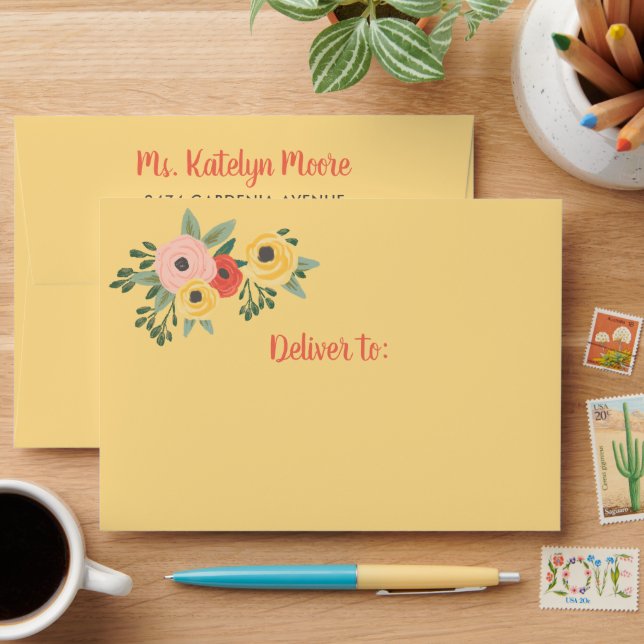 Whimsical Yellow Watercolor Floral Pattern Wedding Envelope (Desk)