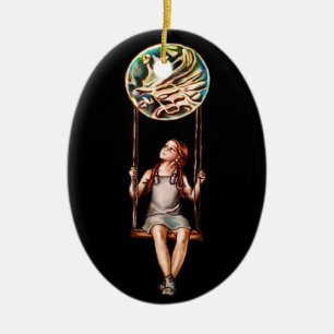 Whimsical Young Girl Swinging on Blur Orb Ceramic Ornament