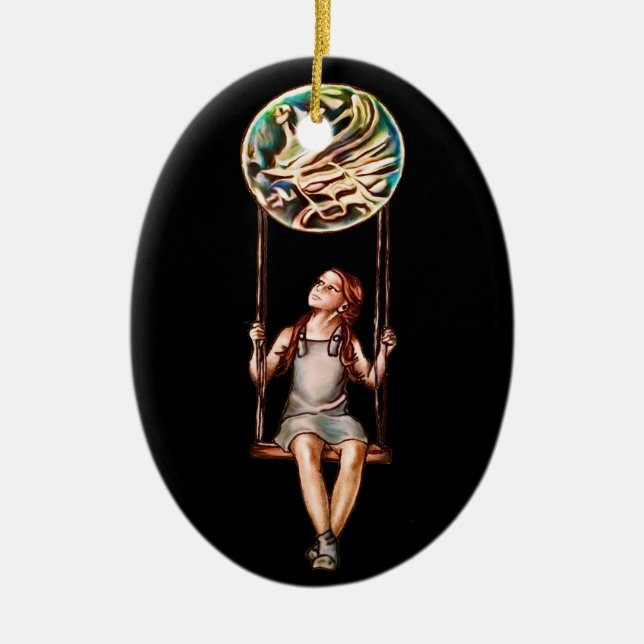 Whimsical Young Girl Swinging on Blur Orb Ceramic Ornament (Front)