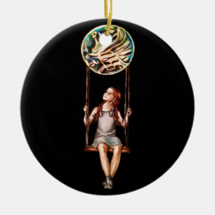 Whimsical Young Girl Swinging on Blur Orb Ceramic Ornament