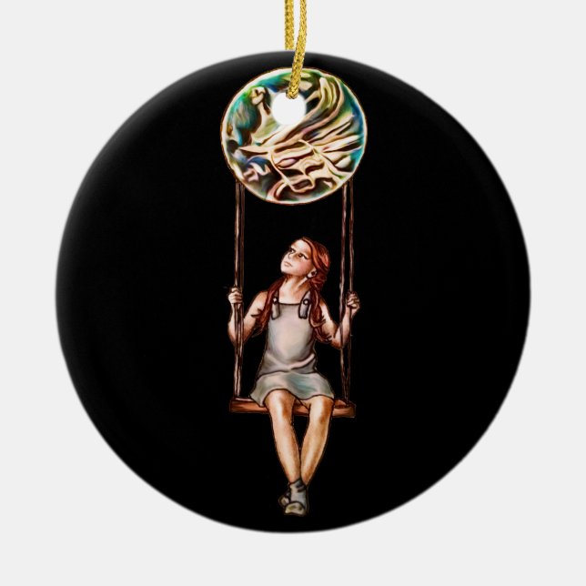 Whimsical Young Girl Swinging on Blur Orb Ceramic Ornament (Front)