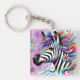 Whimsical Zebra Floral Pink Teal Green Daisy Keychain
