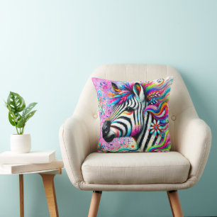 Whimsical Zebra Floral Pink Teal Green Daisy Throw Pillow