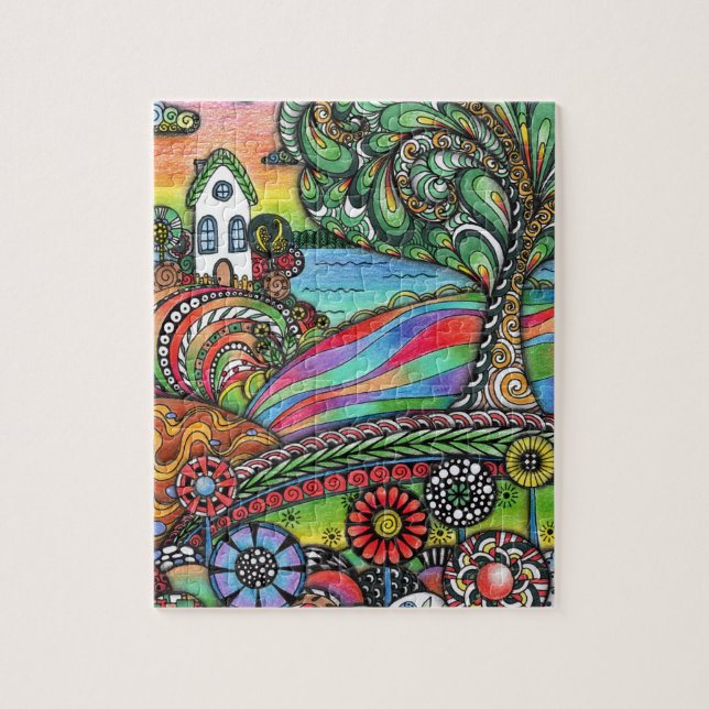 Whimsical Zentangle Fairytale House & Magical Tree Jigsaw Puzzle (Vertical)