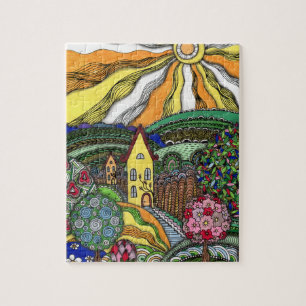 Whimsical Zentangle Fairytale House & Sunny Hills  Jigsaw Puzzle
