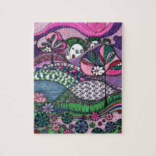 Whimsical Zentangle Fairytale Village Jigsaw Puzzl Puzzle