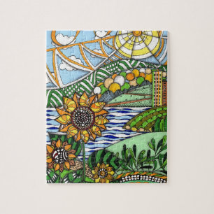 Whimsical Zentangle Sunflowers and City Landscape Jigsaw Puzzle