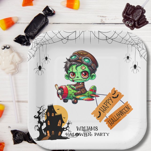 Whimsical Zombie Pilot Airplane Kids Halloween  Paper Plate (Creator Uploaded)