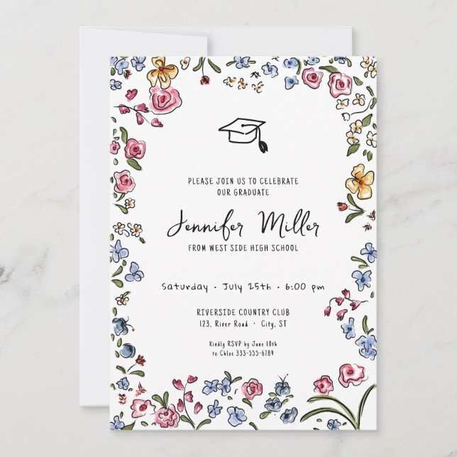 Whimsicalblooms hand drawn Graduation Party Photo  Holiday Card (Front)