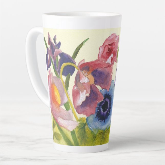 Whimsically colourful flowers on tall latte mug (Left Angle)