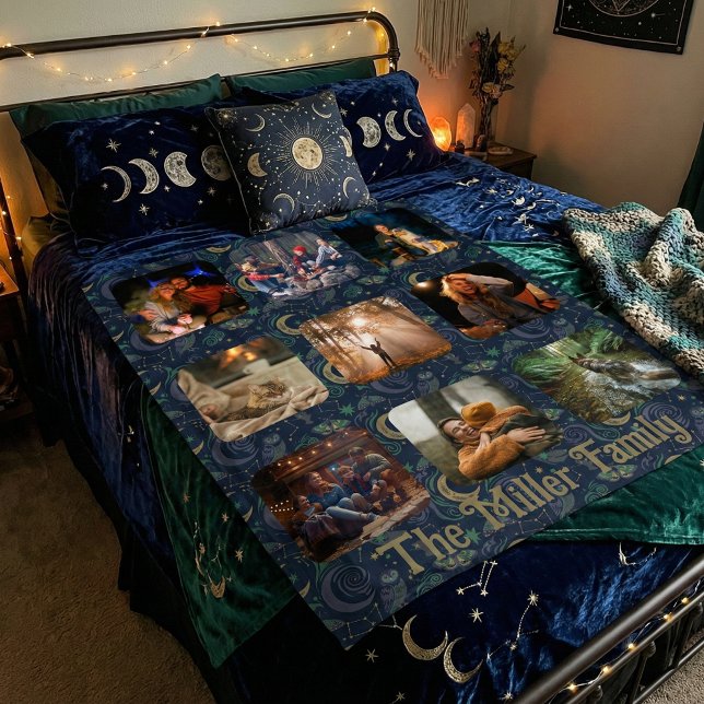 Whimsigoth Celestial | 9 Photo Family Collage Fleece Blanket (Whimsigoth family photo collage. Dark cottagecore celestial moon & owl Moth Woodland keepsake gift)