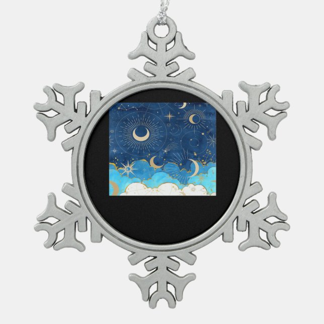 Whimsigoth Clouds Sun Moon Witchy Classic Snowflake Pewter Christmas Ornament (Front)