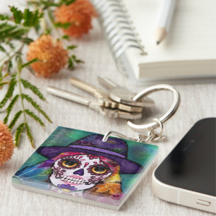 Whimsigoth Floral Hippie Psychedelic Skull Art Keychain