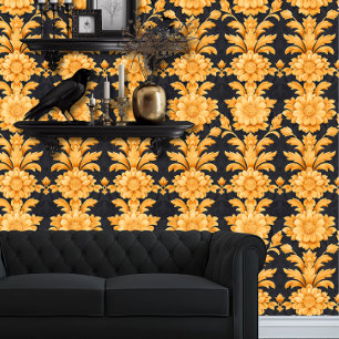 Whimsigoth Gold Flowers on Black Wallpaper