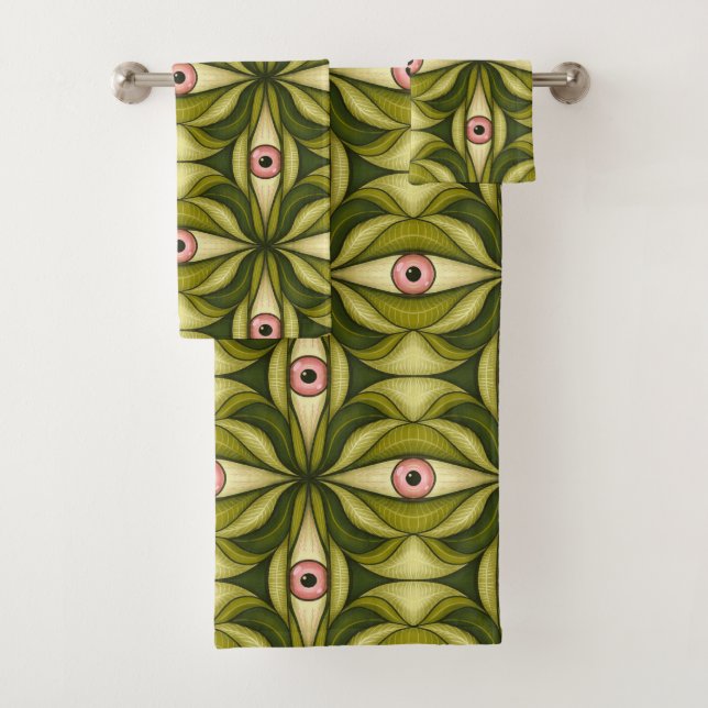 Whimsigoth Pink Eye Green Botanical Maximalist Art Bath Towel Set (Insitu)