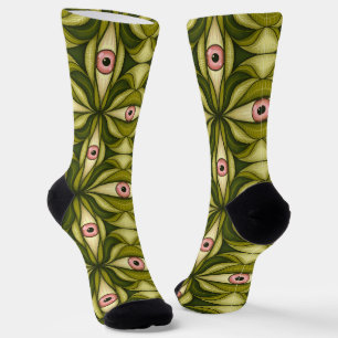 Whimsigoth Pink Eye Green Botanical Maximalist Art Socks