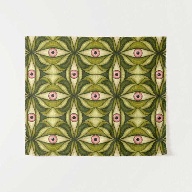 Whimsigoth Pink Eye Green Botanical Maximalist Art Tapestry (Front (Horizontal))