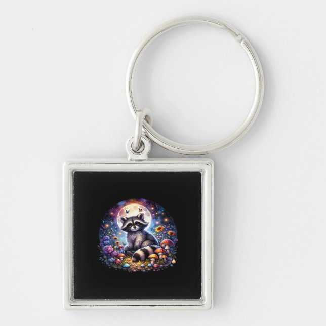Whimsigoth Raccoon By Moonlight, Cute Colourful Fa Keychain (Front)
