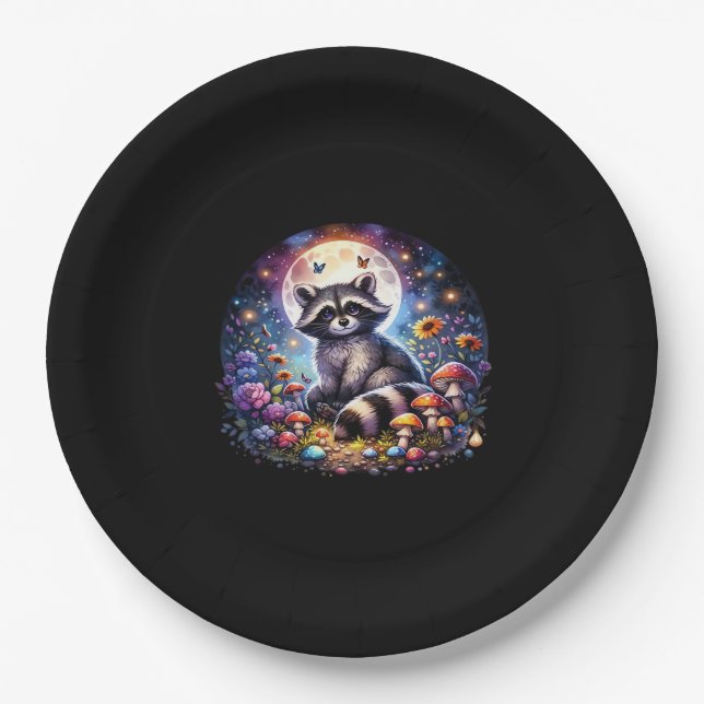 Whimsigoth Raccoon By Moonlight, Cute Colourful Fa Paper Plate (Front)
