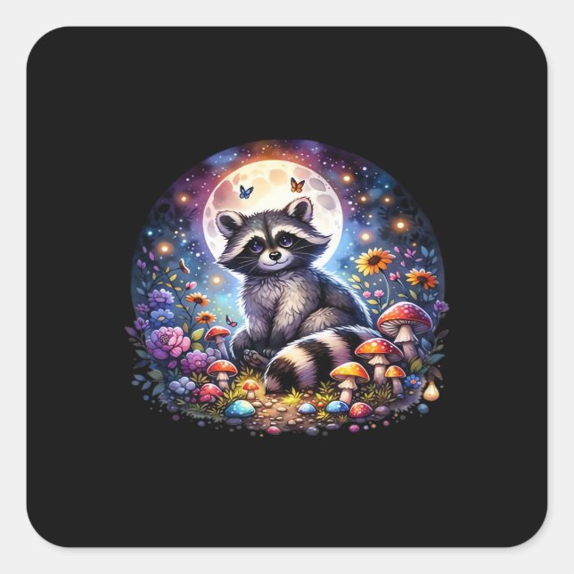 Whimsigoth Raccoon By Moonlight, Cute Colourful Fa Square Sticker (Front)