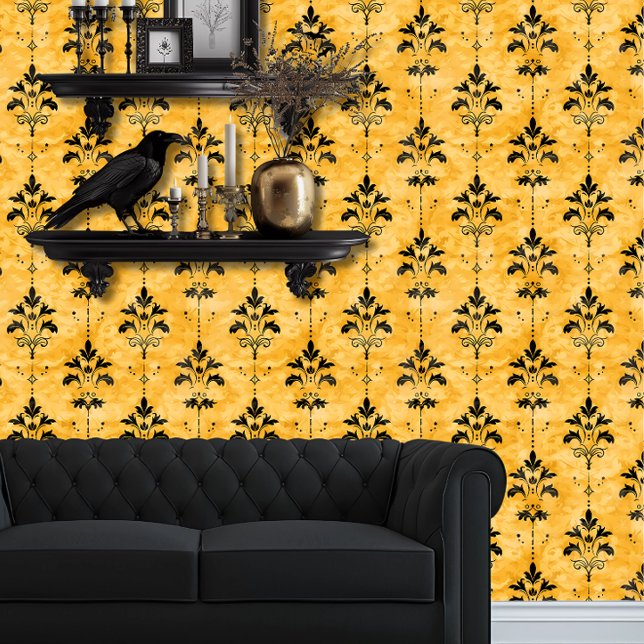 Whimsigoth Simple Gold and Black Elegant Wallpaper (Whimsigoth Simply Yellow Damask on Black wallpaper behind a black couch.)