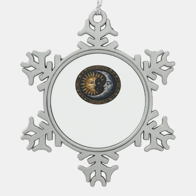 Whimsigoth Stained Glass Moon And Sun Classic Snowflake Pewter Christmas Ornament (Front)