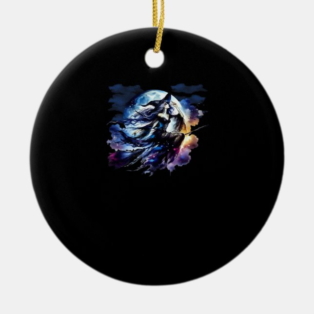 Whimsigoth Witch Flying Over Full Moon Women Kids  Ceramic Ornament (Front)
