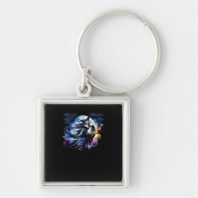 Whimsigoth Witch Flying Over Full Moon Women Kids  Keychain (Front)
