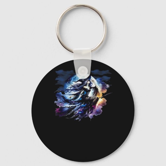 Whimsigoth Witch Flying Over Full Moon Women Kids  Keychain (Front)