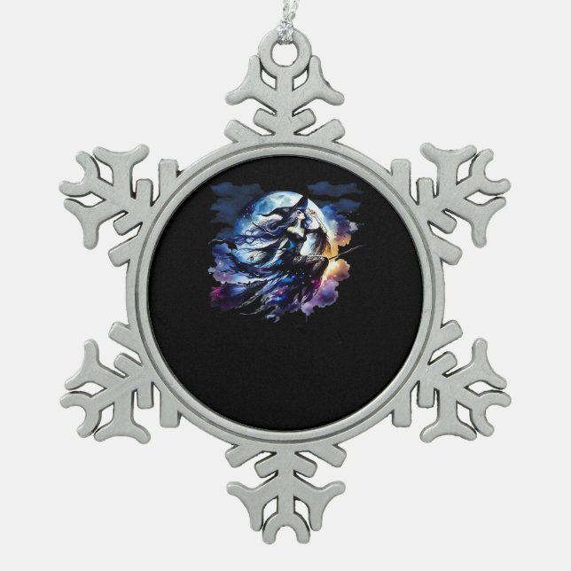 Whimsigoth Witch Flying Over Full Moon Women Kids  Snowflake Pewter Christmas Ornament (Front)