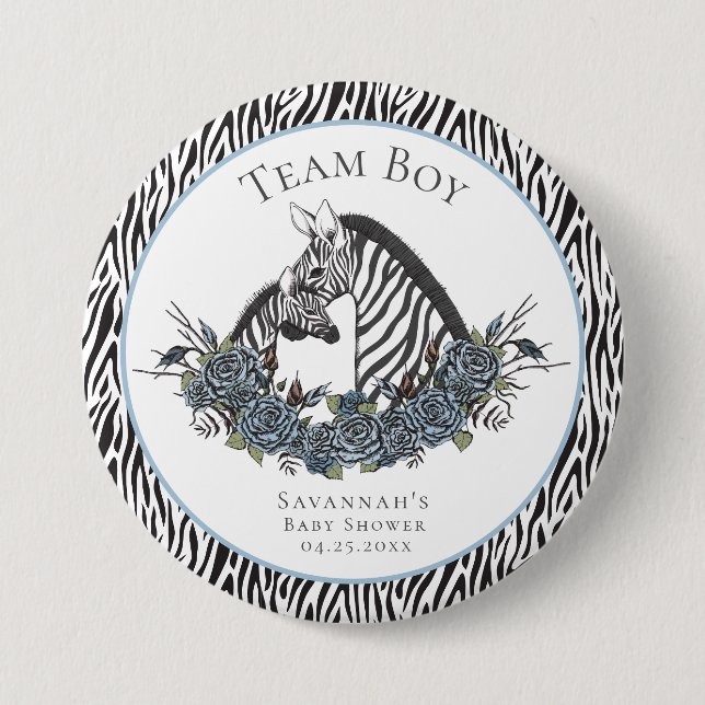 Whimsigoth Zebra Safari Team Boy French Blue 3 Inch Round Button (Front)