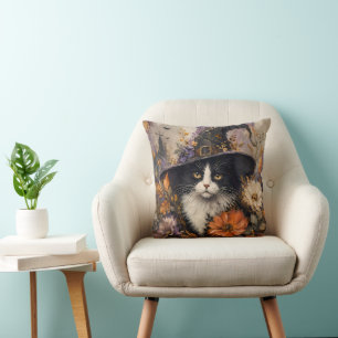 Whimsigothic Black Cat Witch Autumn Floral Throw Pillow