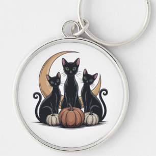 Whimsigothic Black Cats Pumpkin Moon Halloween Keychain