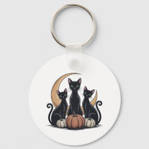 Whimsigothic Black Cats Pumpkin Moon Halloween Keychain