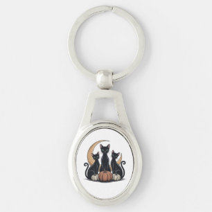 Whimsigothic Black Cats Pumpkin Moon Halloween Keychain
