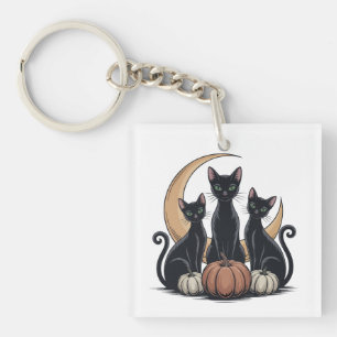 Whimsigothic Black Cats Pumpkin Moon Halloween Keychain