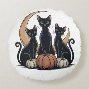 Whimsigothic Black Cats Pumpkin Moon Halloween  Round Pillow