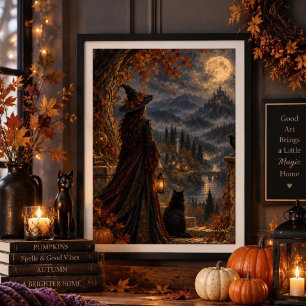 Whimsigothic Witch Autumn Moonlit Castle Poster
