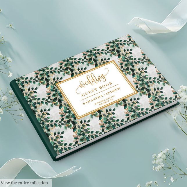 Whimssal Floral Deep Green Et Gold Livre d'invités (Stylish Forest Green And Gold Eucalyptus Guest Book)