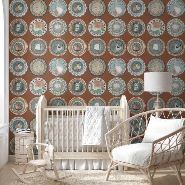 Whimsy Animal Plate Gallery Terracotta Teal Aqua Wallpaper (Kids)