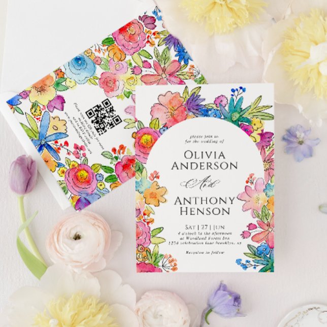 Whimsy Bold Floral Watercolor QR Code Wedding Invitation (Creator Uploaded)