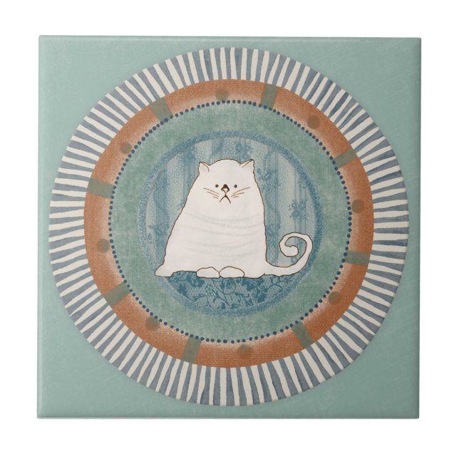 Whimsy Cat Mint Blue Terracotta Aqua Teal Tile (Front)