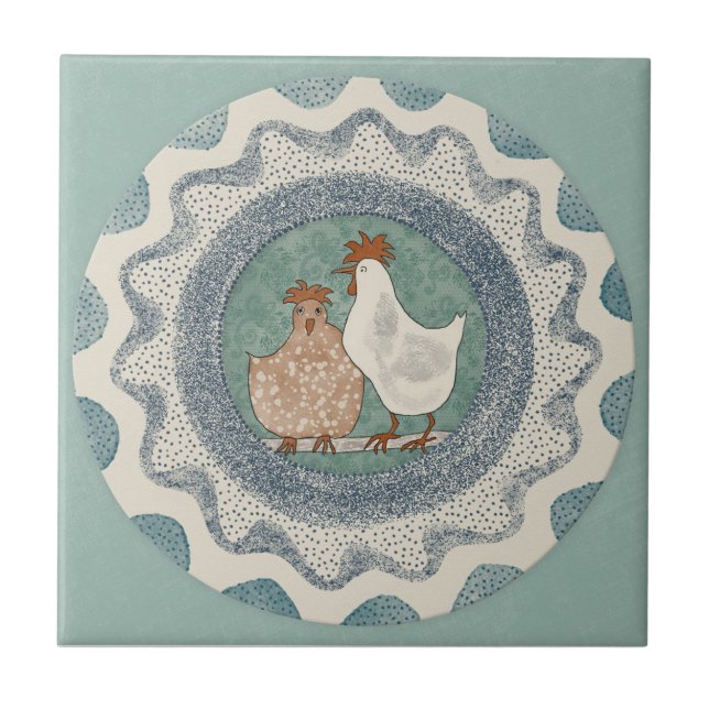 Whimsy Chickens Mint Blue Terracotta Teal Aqua Tile (Front)
