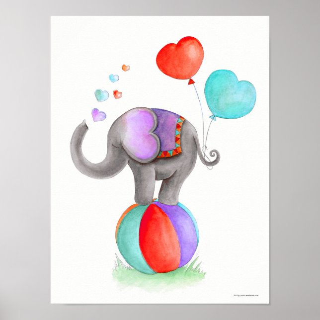 Whimsy circus gray elephant on a ball nursery poster (Front)