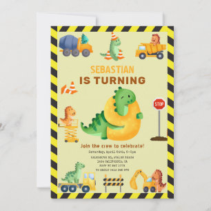 Whimsy Dinosaur Construction 9th Birthday Party  Invitation