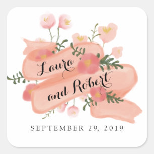 Whimsy Floral Vintage Banner Custom Wedding Favour Square Sticker