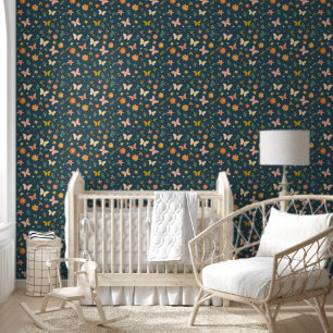 Whimsy Flowers Butterflies Teal Background Floral Wallpaper