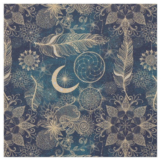 Whimsy Gold Glitter Dreamcatcher Feathers Mandala Fabric (Close Up)