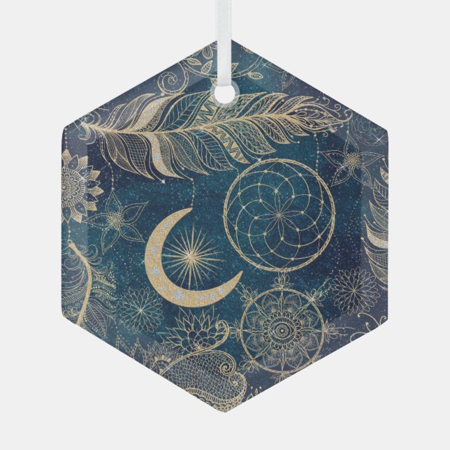 Whimsy Gold Glitter Dreamcatcher Feathers Mandala Glass Ornament (Front)